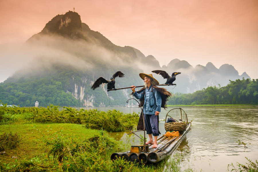 Hombre pescando cormoran en Yangshuo China
